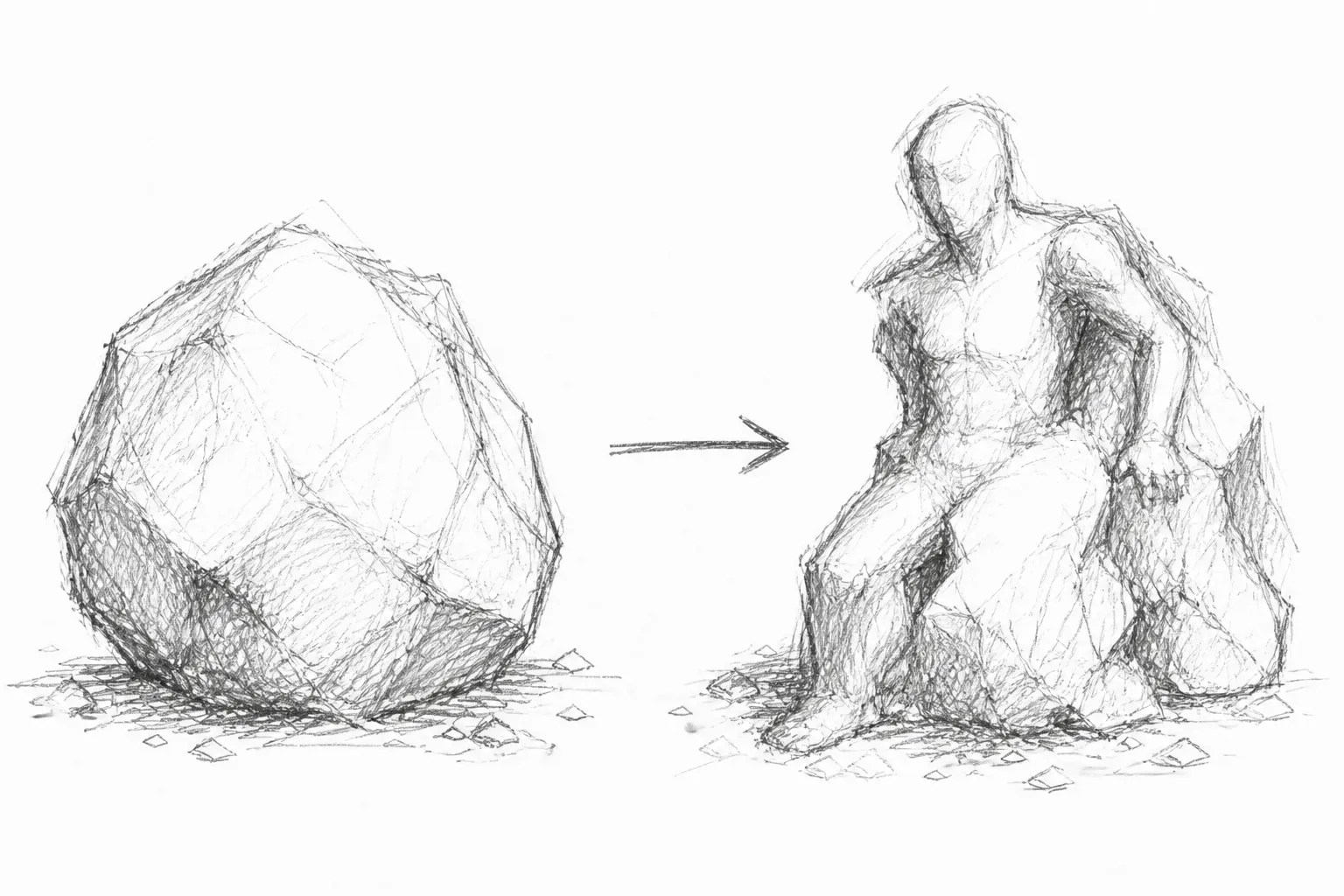 A pencil sketch of a rough rock transforming into an unfinished human-like sculpture