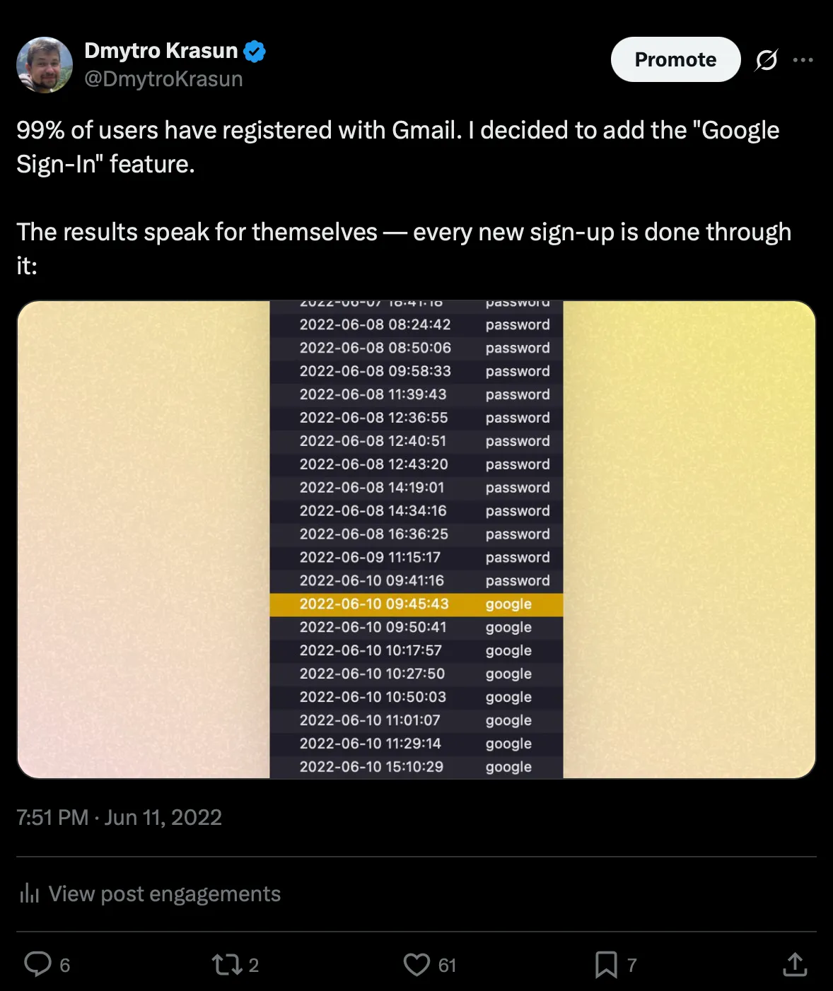 A tweet about Google sign-in