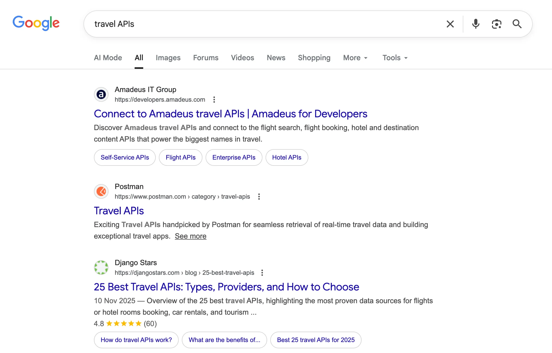 Searching for "travel APIs" on Google