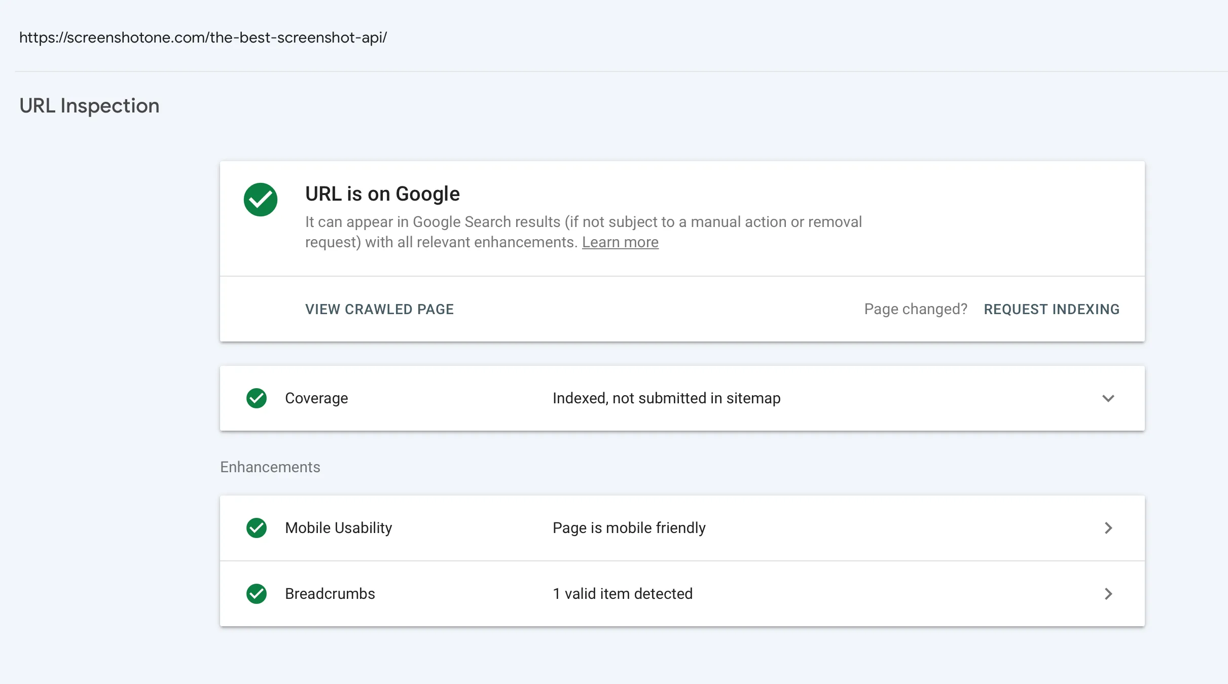 A proof that Google Search Console shows that the page is indexed