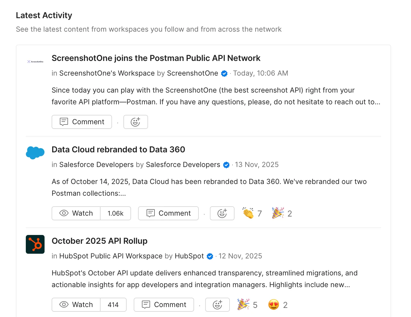Postman's latest activity feed