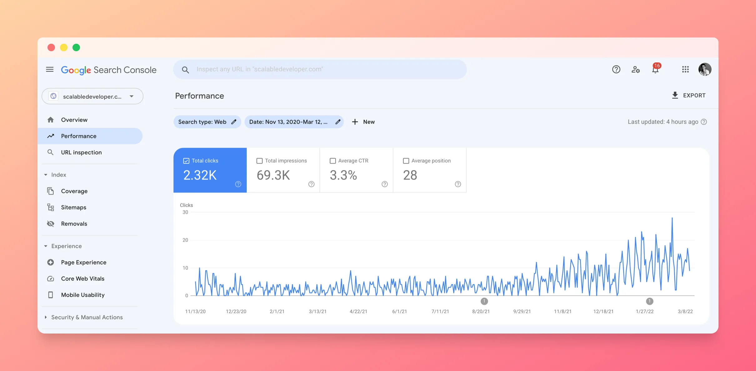 Google Search Console screenshot for ScalableDeveloper.com