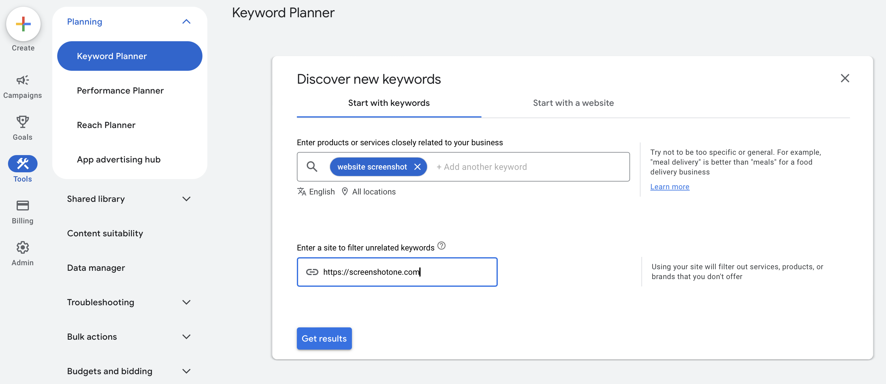 A Screenshot of the Google Ads Keyword Planner